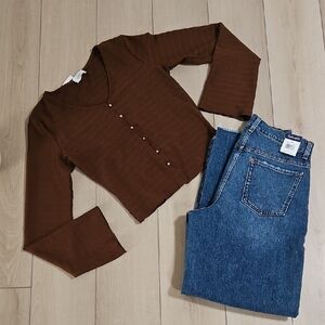 Peach Brown Ribbed Button Front Crop Top